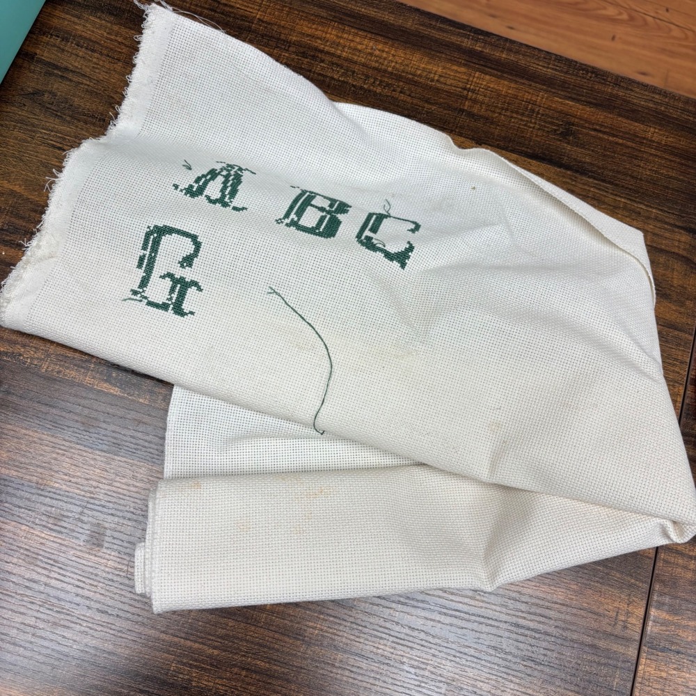 Vintage Cross Stitch Alphabet Project Green Gothic Letters Aida Cloth Fabric